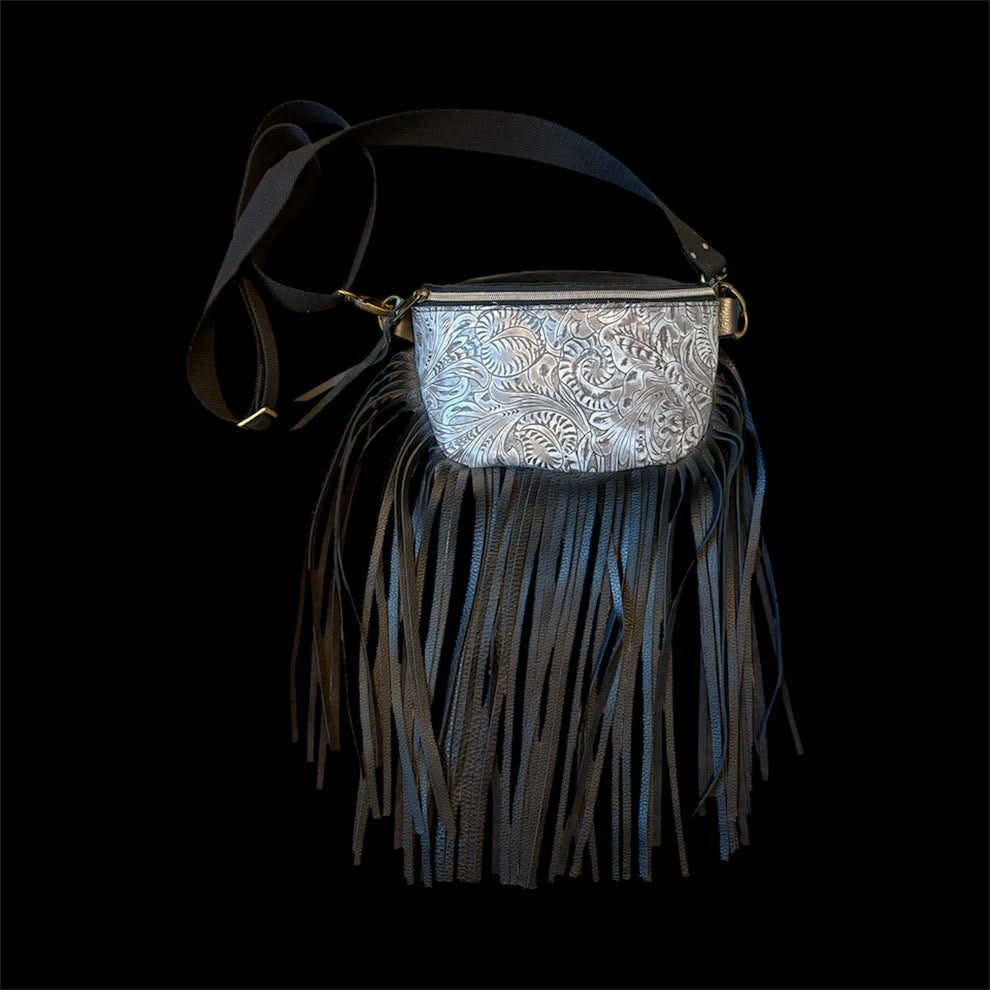 Twisted R Leather Western Tooled Gray Fanny Pack Purse with Fringe – Made in Montana, USA