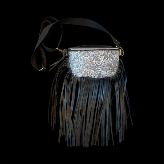 Twisted R Leather Western Tooled Gray Fanny Pack Purse with Fringe – Made in Montana, USA