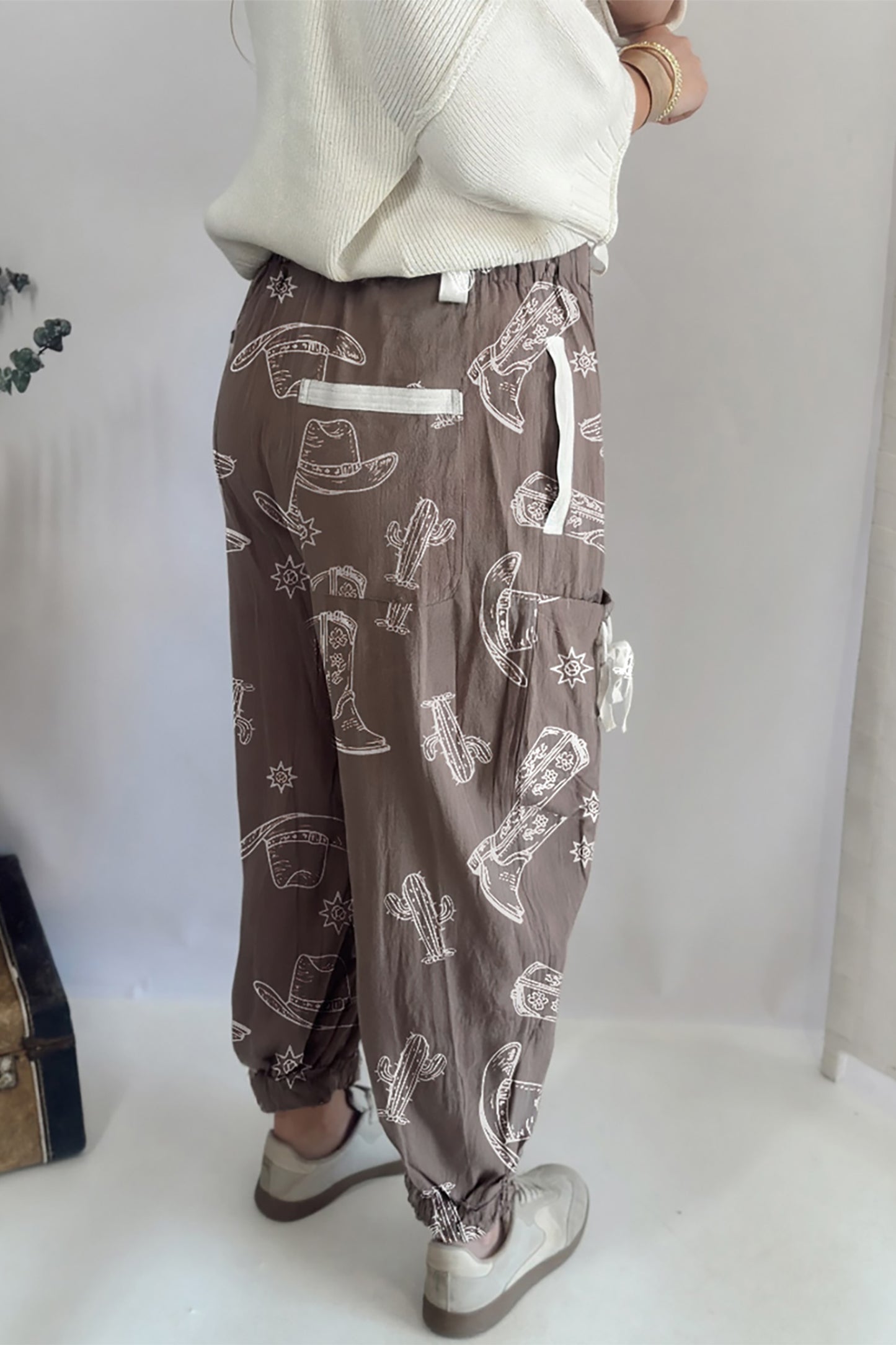 Khaki Western Print Drawstring Jogger Pants