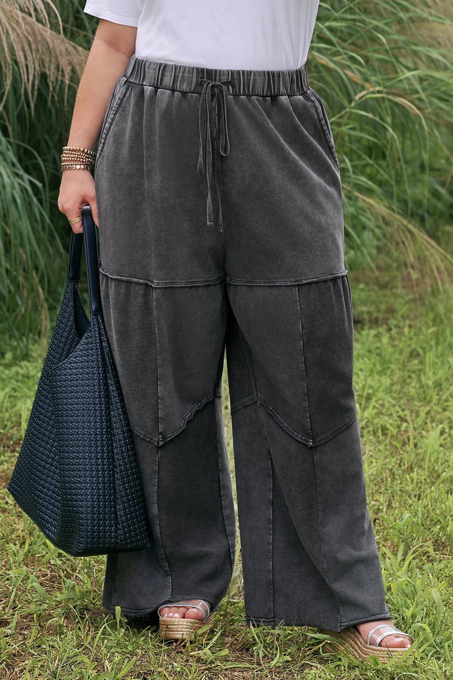 Black Mineral Wash Exposed Seam Drawstring Loose Pants 1X–4X