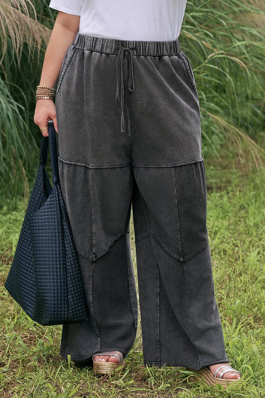 Black Mineral Wash Exposed Seam Drawstring Loose Pants 1X–4X