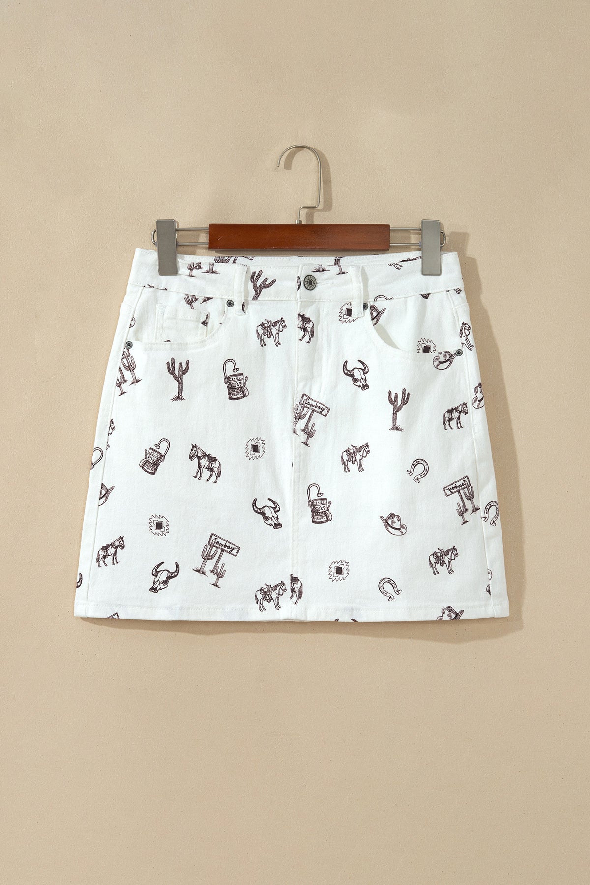 White Western Cactus, Horse & Bull Denim Skirt