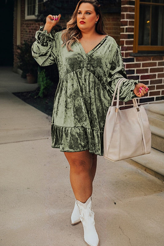 Velvet Babydoll Puff Sleeve Mini Dress – Coffee Brown & Jungle Green