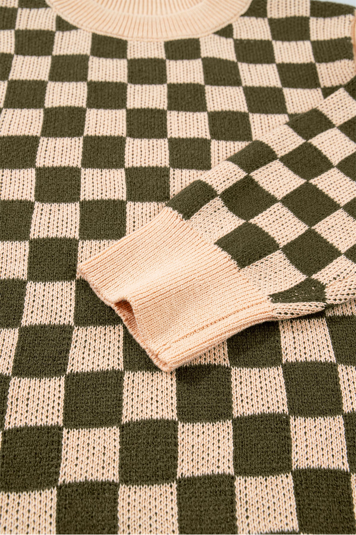 Brown Two Tone Drop-Shoulder Checkered Knit Sweater