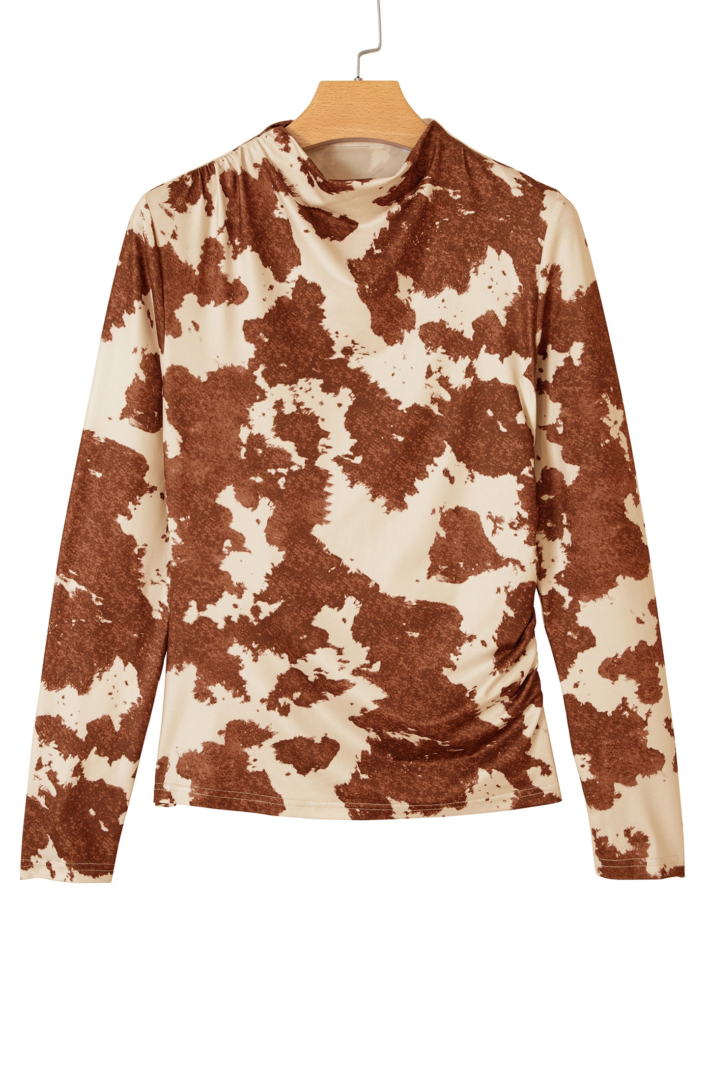 Brown Western Cow Print High Neck Long Sleeve Mesh Top