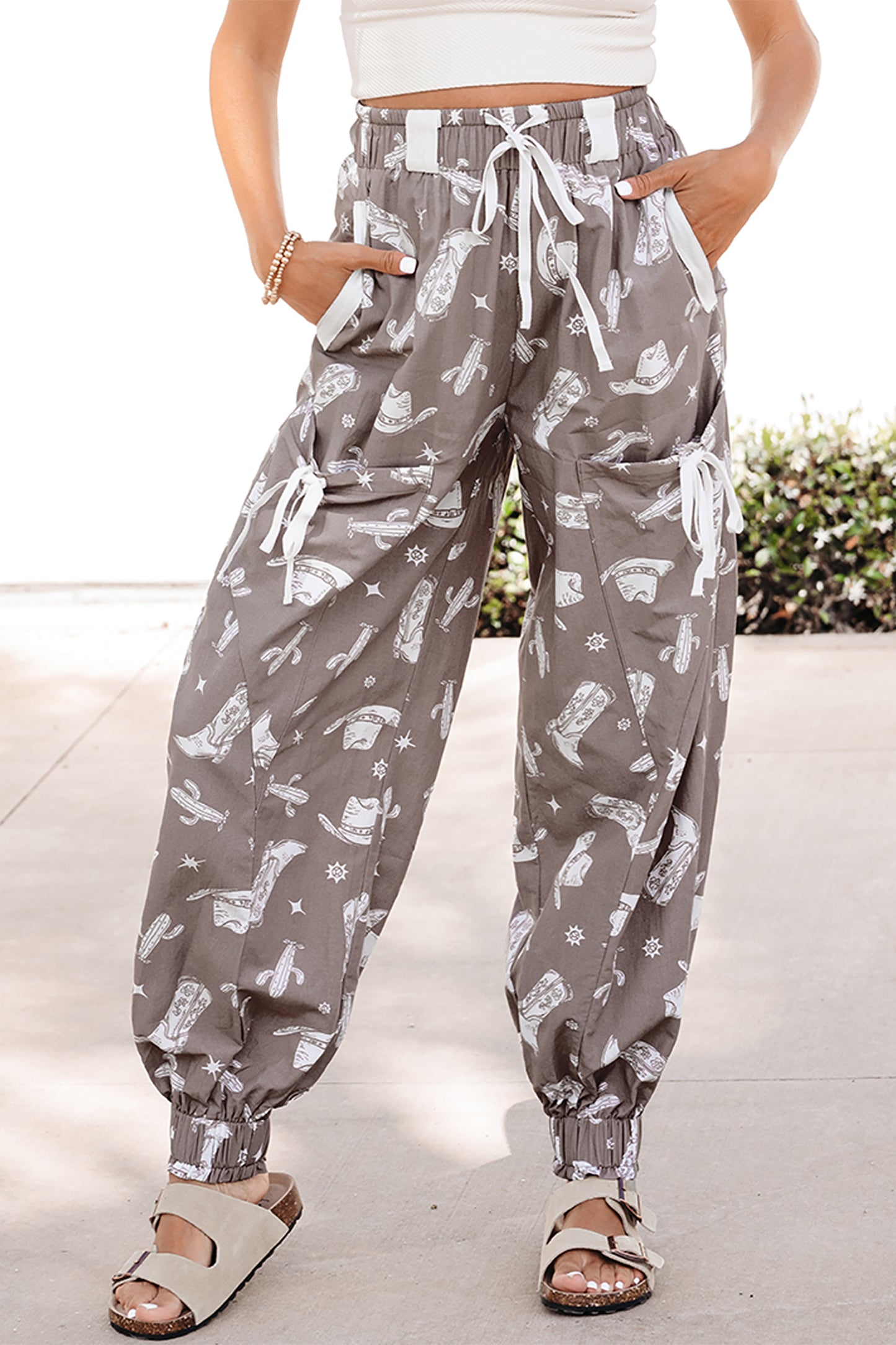 Khaki Western Print Drawstring Jogger Pants