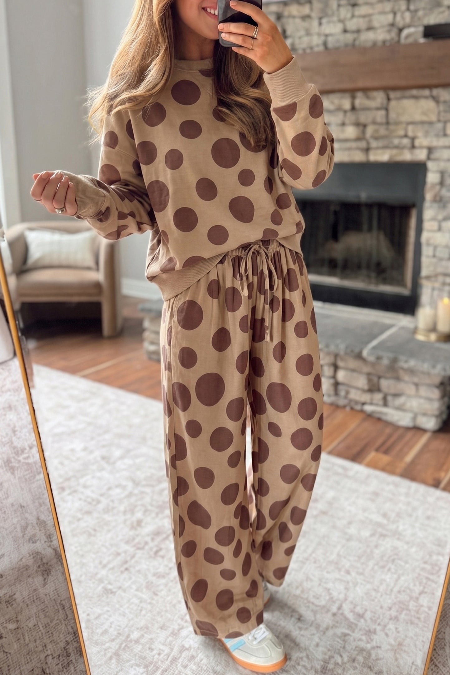 Polka Dot Long Sleeve Top & Drawstring Pants Set