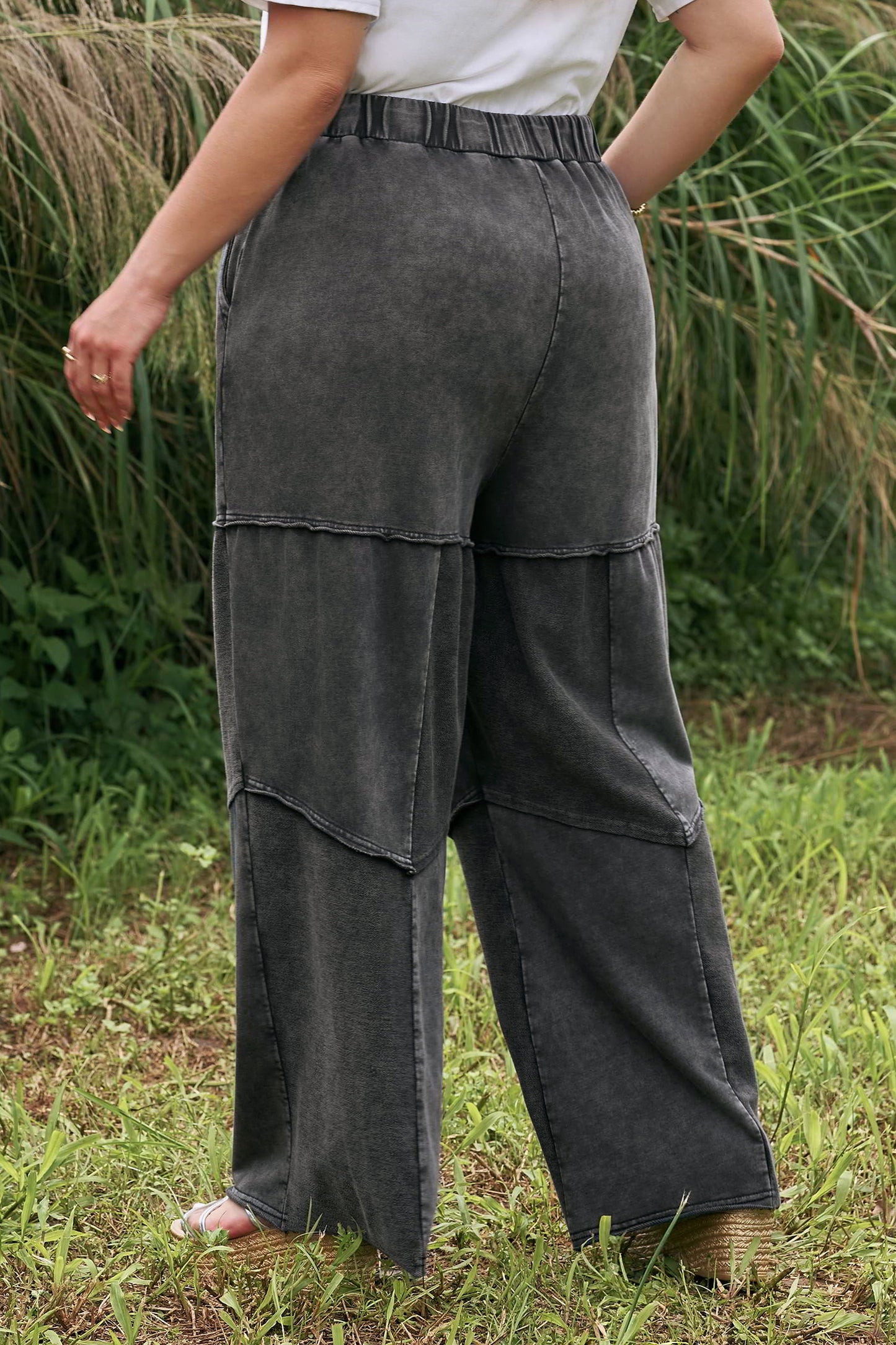 Black Mineral Wash Exposed Seam Drawstring Loose Pants 1X–4X