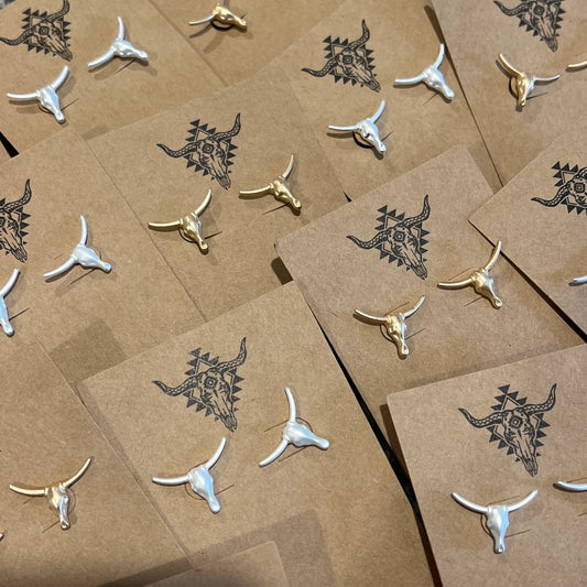 Longhorn Stud Earrings Silver & Yellow Gold