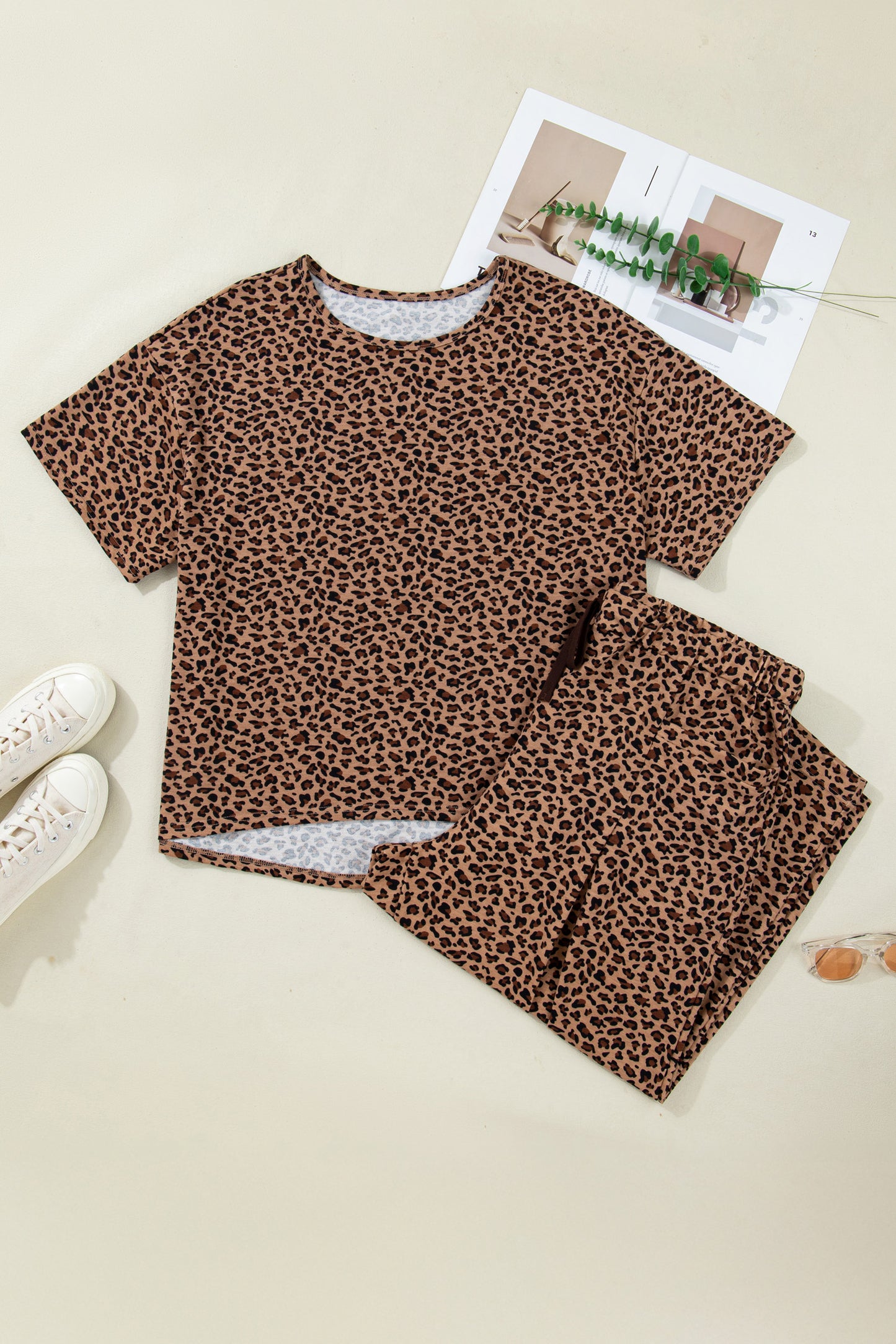 Brown Leopard Plus Size Top & Pleated Pants Set