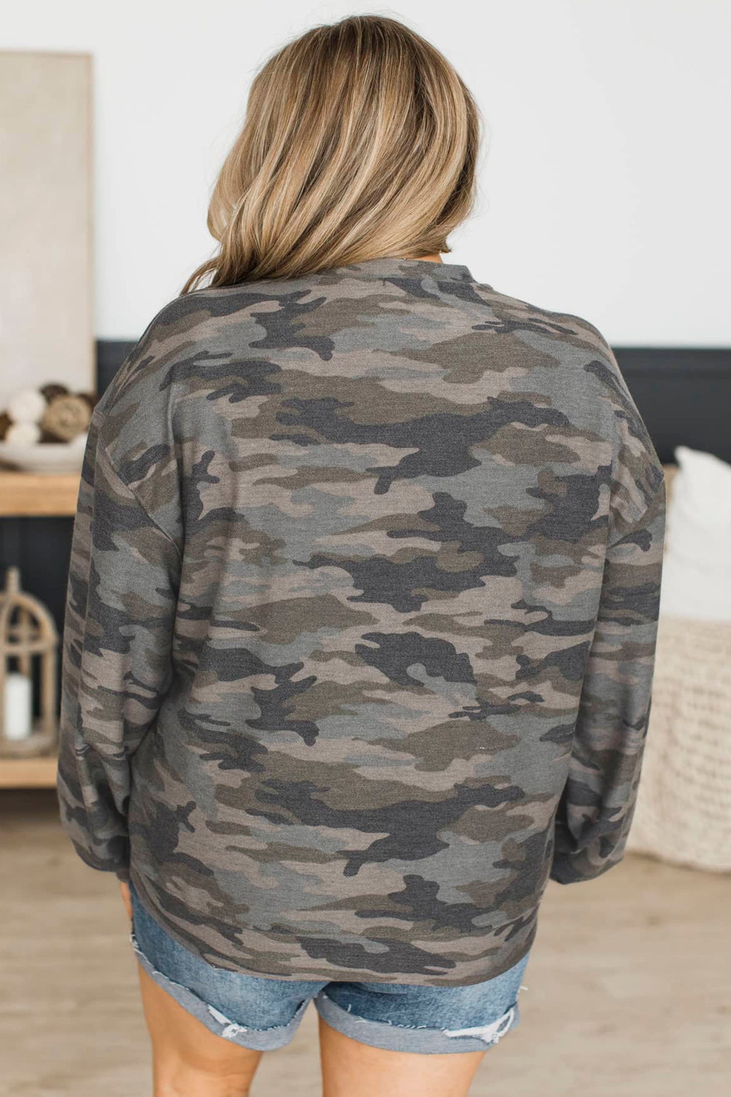 Green Camo Print Relaxed Long Sleeve Blouse 1X–4X