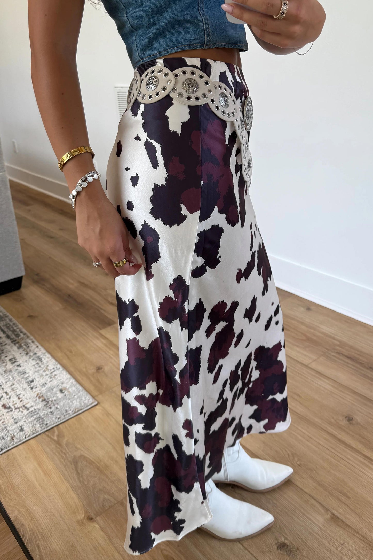 Cow Print Zip-Up Midi Skirt