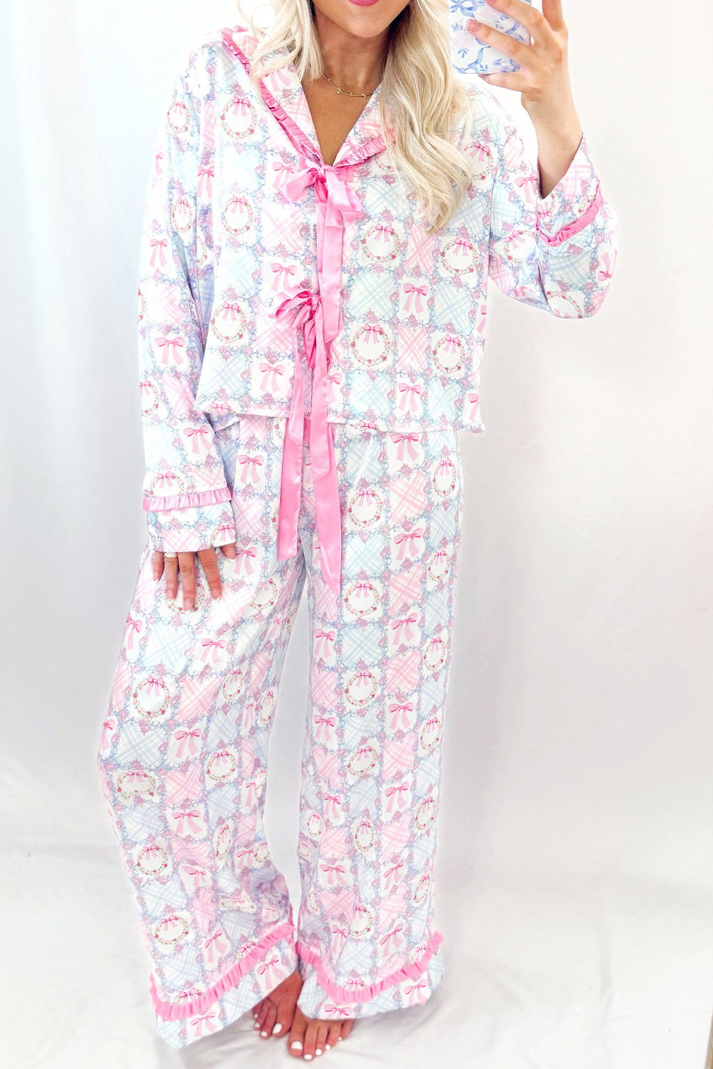 🎀 Pink Bow Wreath Pajama Set