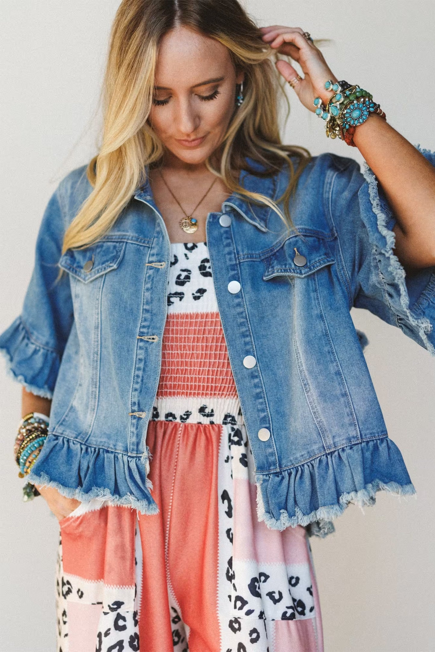 Blue Ruffle Hem Raw Edge Half Sleeve Western Denim Jacket