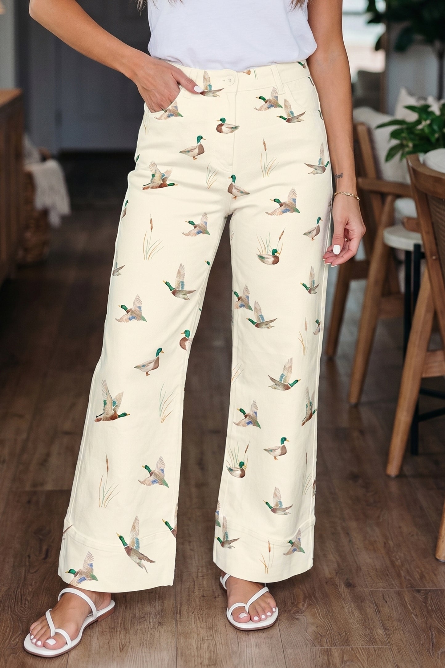 Beige Mallard Printed Cuffed Hem Jeans