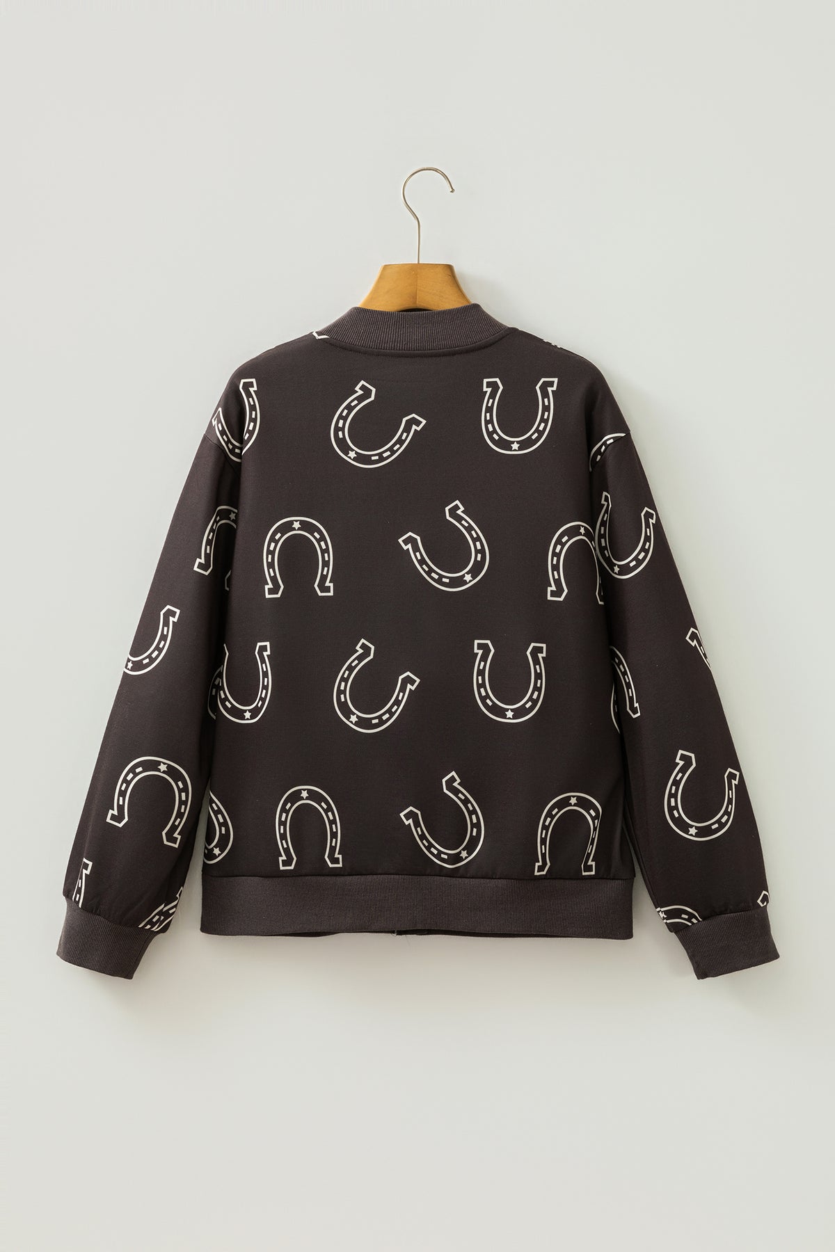 Brown Western Horseshoe Print Zipper Pocket Shift Jacket