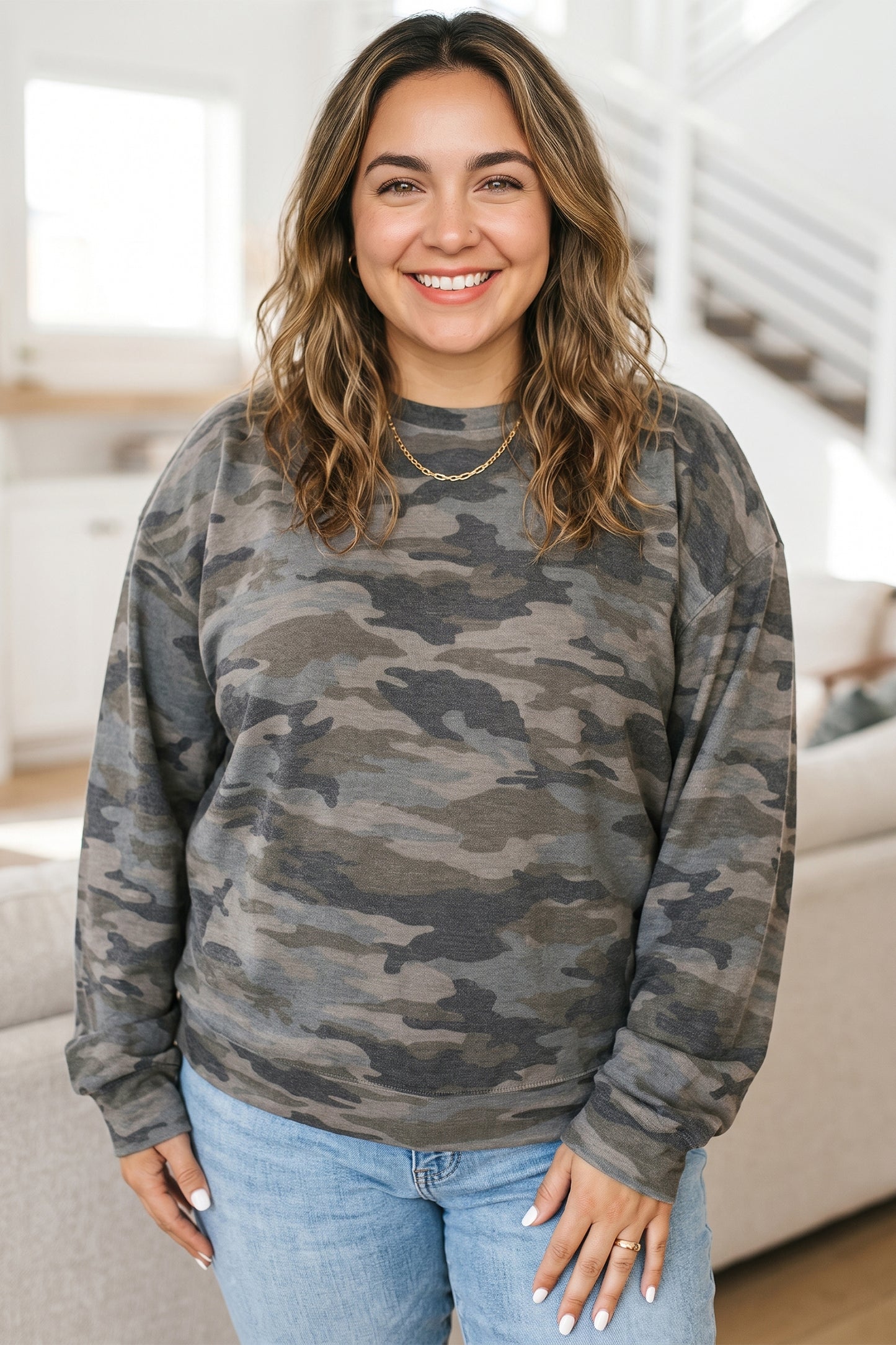 Green Camo Print Relaxed Long Sleeve Blouse 1X–4X