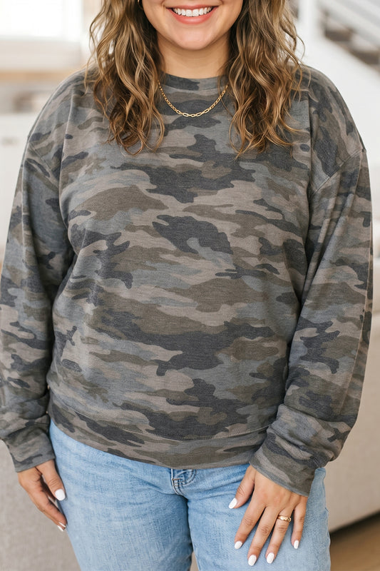 Green Camo Print Relaxed Long Sleeve Blouse 1X–4X