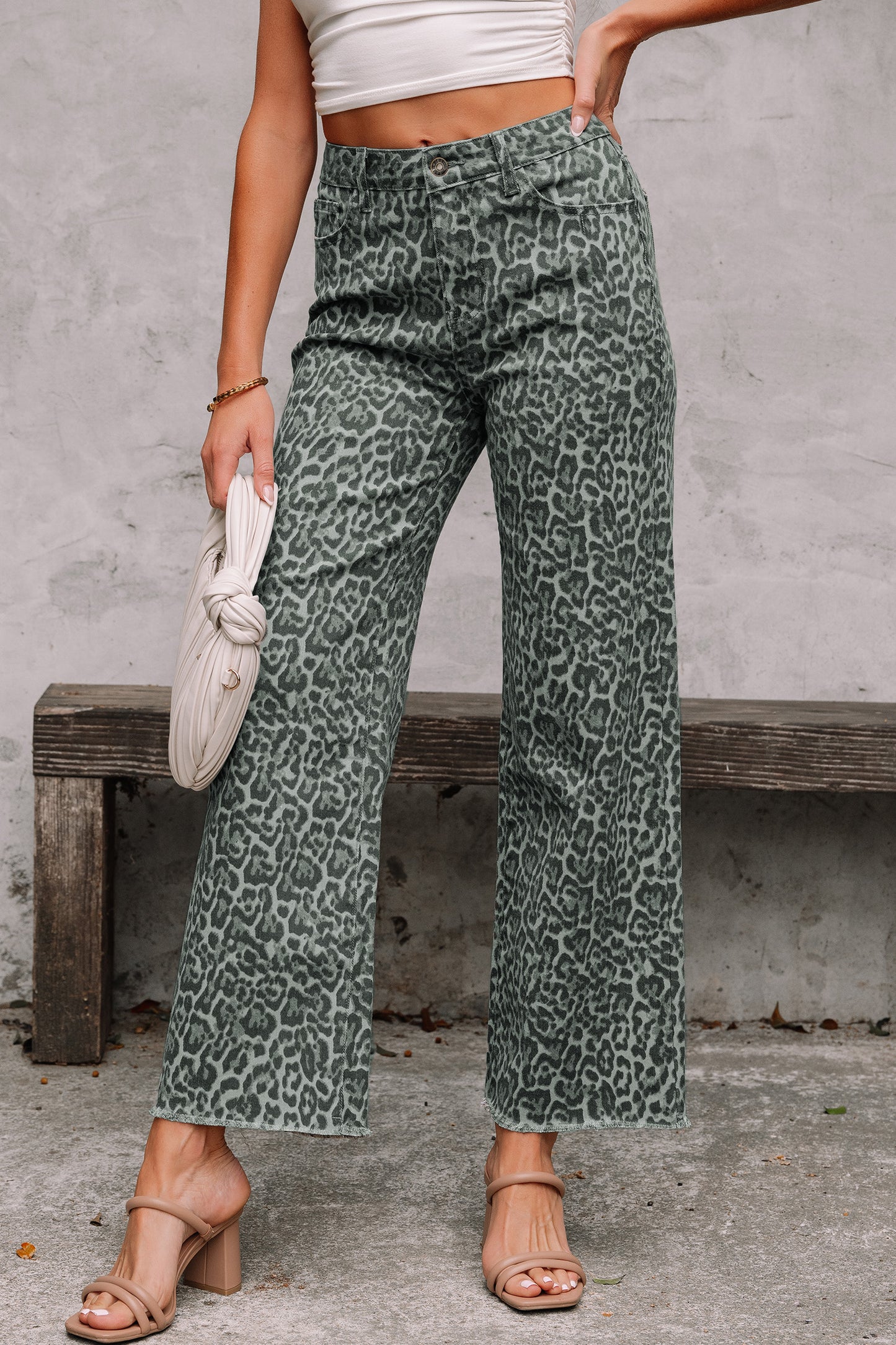 Leopard Frayed Wide Leg Jeans Multiple Colors