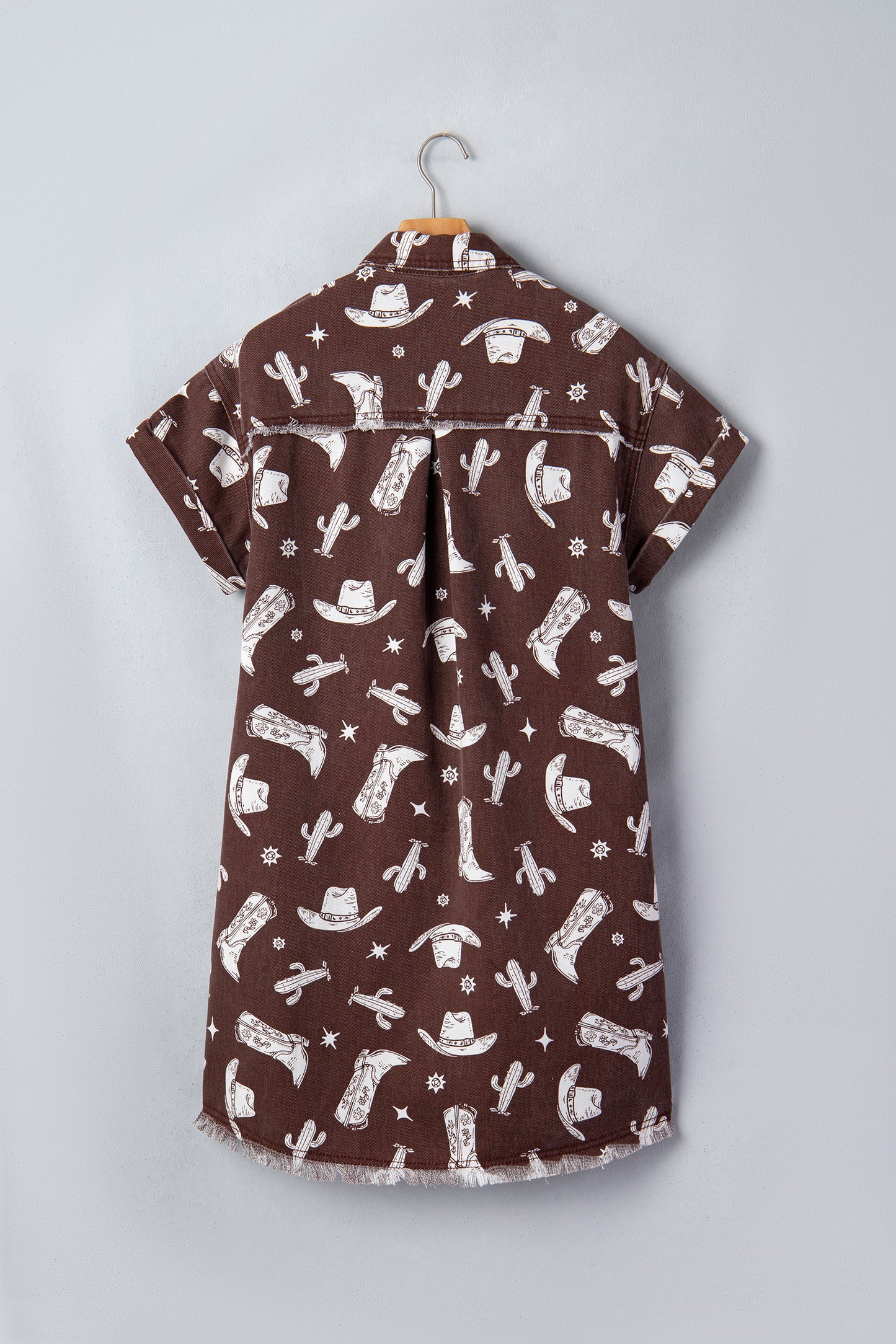 Brown Cowgirl Print Raw Edge Denim Dress