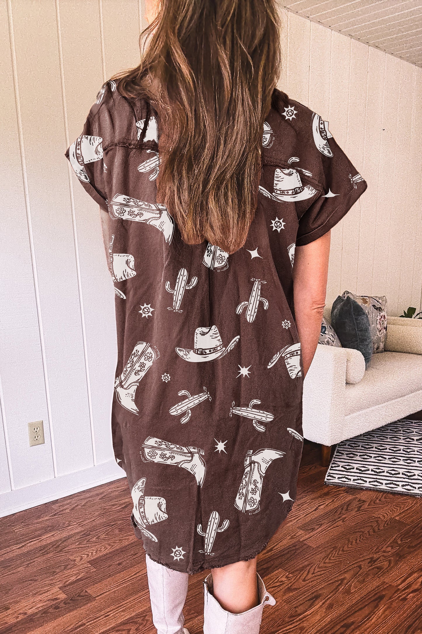 Brown Cowgirl Print Raw Edge Denim Dress
