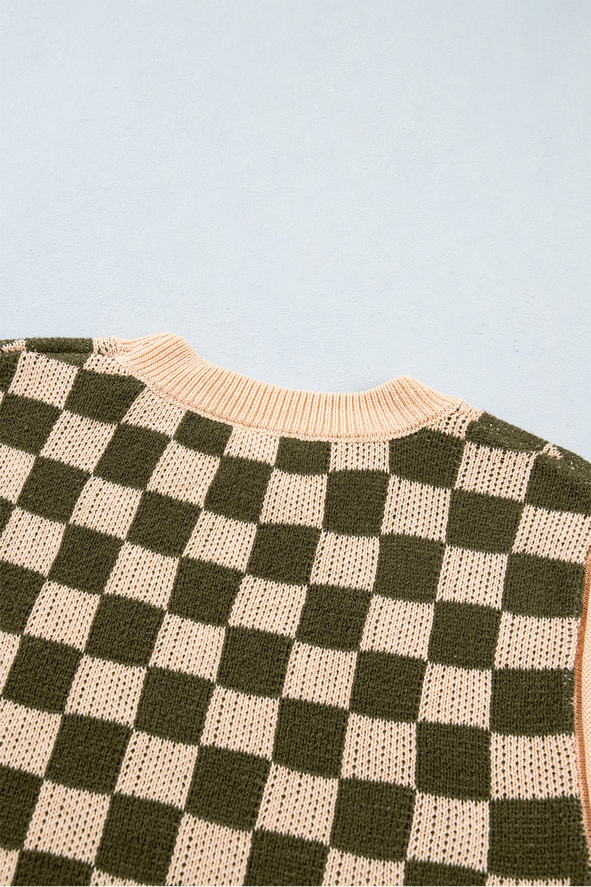 Brown Two Tone Drop-Shoulder Checkered Knit Sweater
