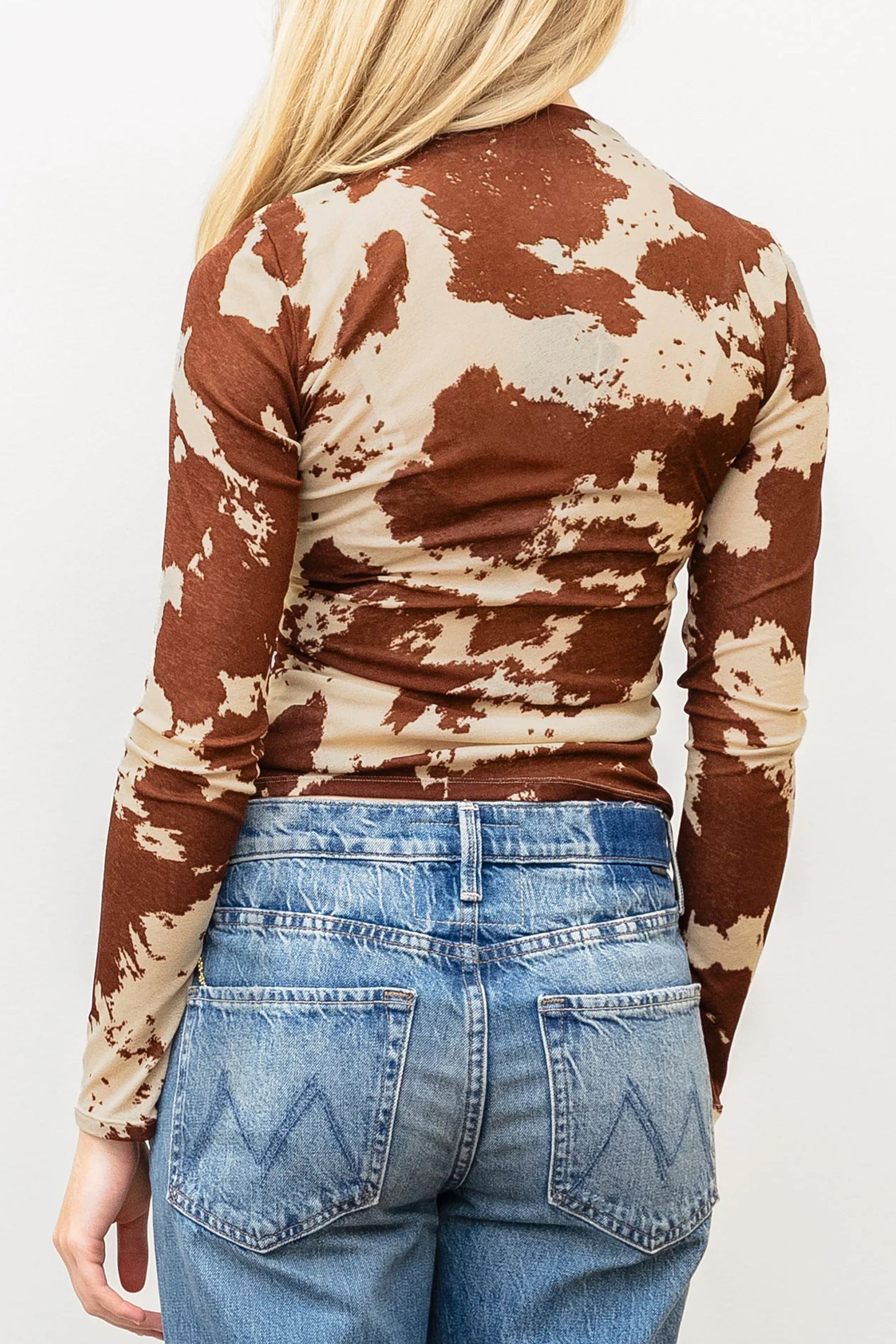 Brown Western Cow Print High Neck Long Sleeve Mesh Top