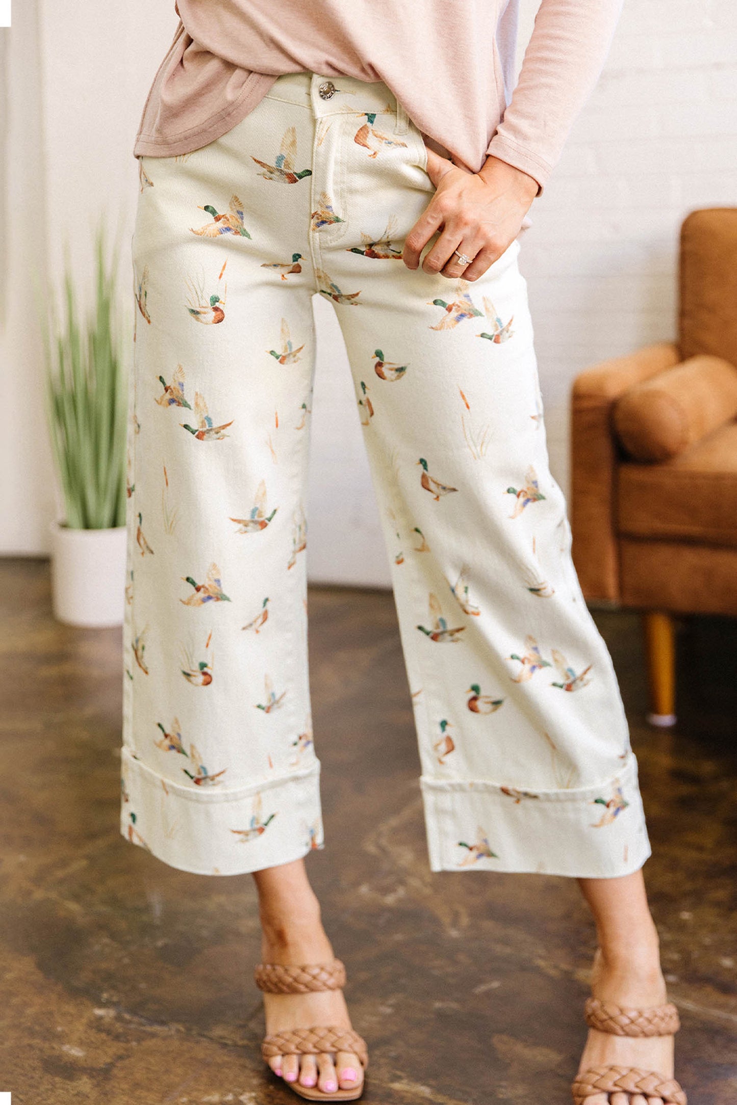Beige Mallard Printed Cuffed Hem Jeans