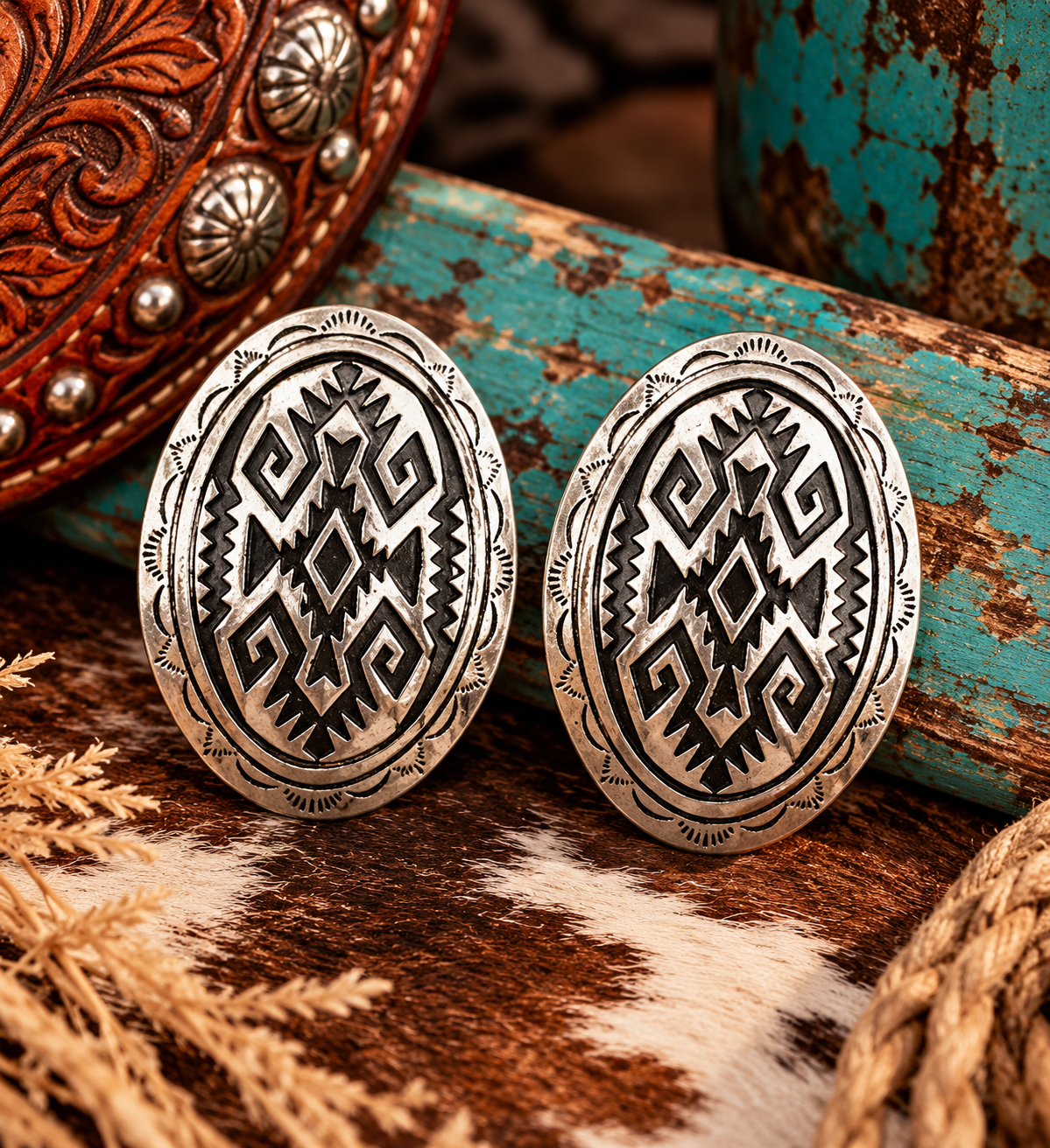 Western Oval Aztec Concho Earrings
