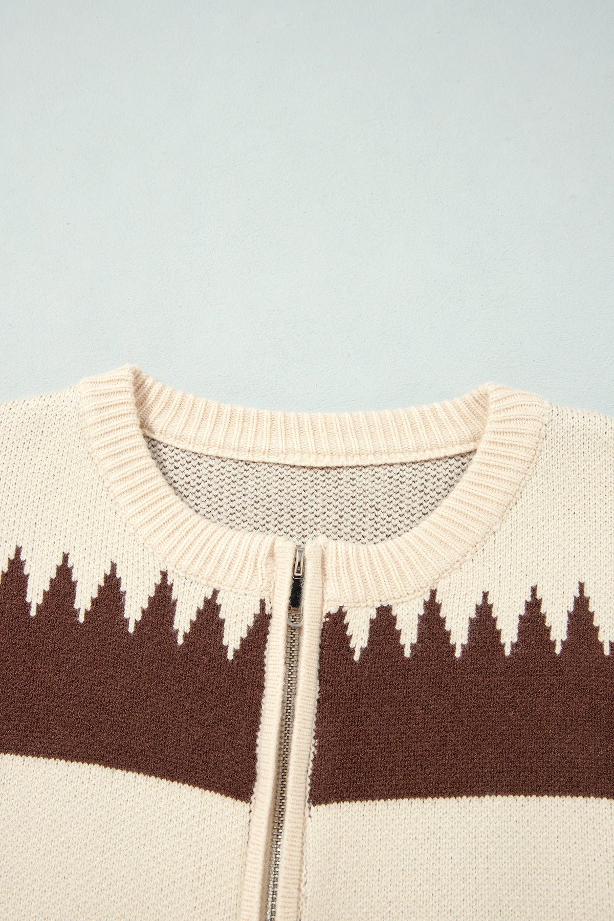 Beige Western Geometric Zip-Front Sweater Cardigan — S–XL