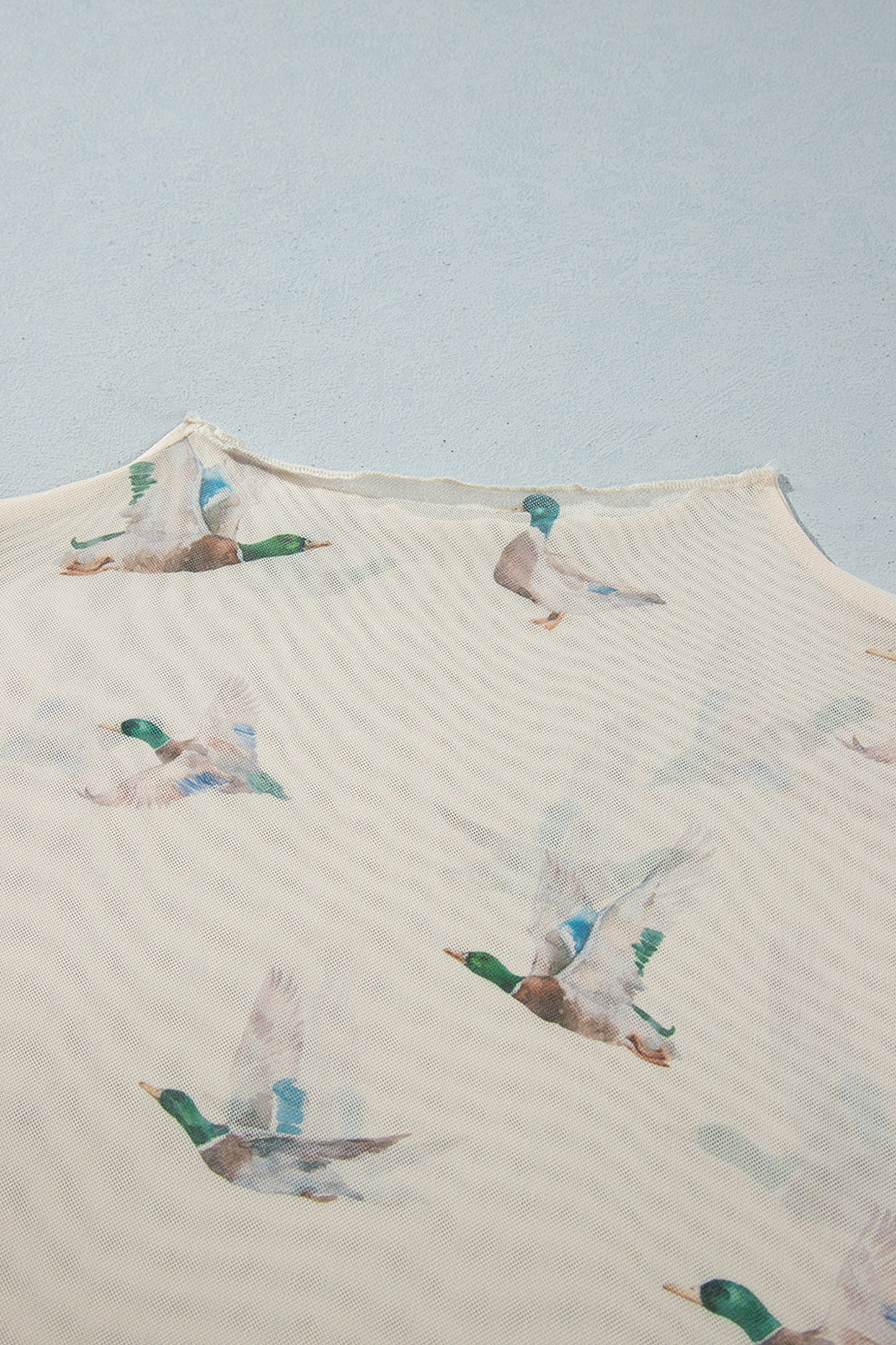 Beige Duck Print Mesh Long Sleeve Tunic Blouse 1X–4X