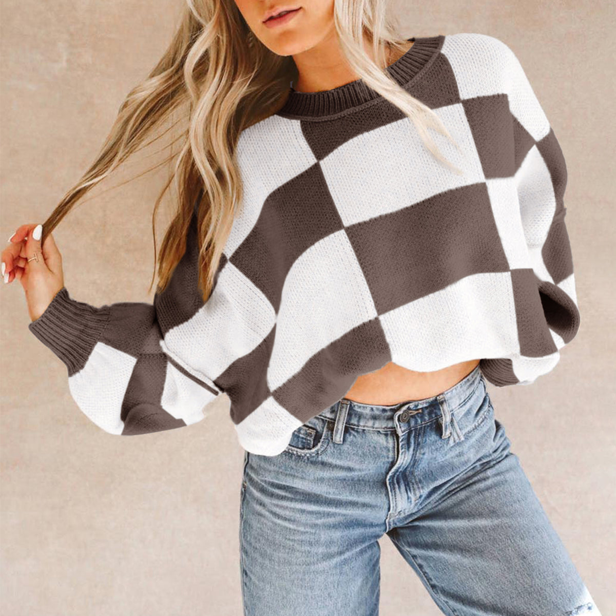 Checkered Bishop Sleeve Sweater