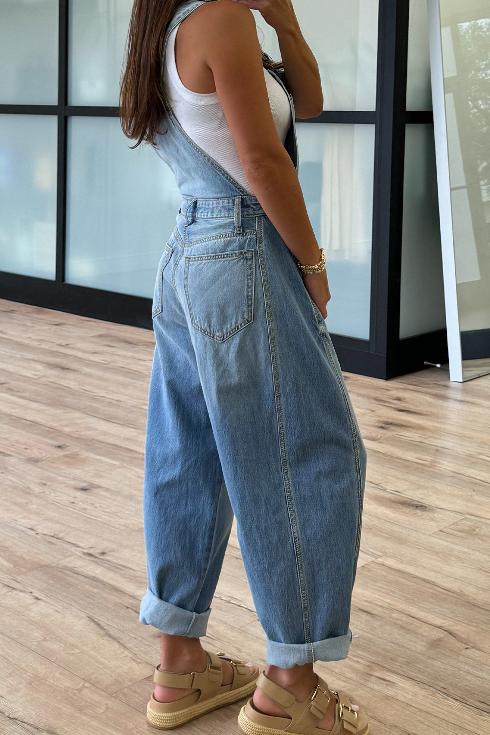 Adjustable Buckle Barrel Denim Overalls