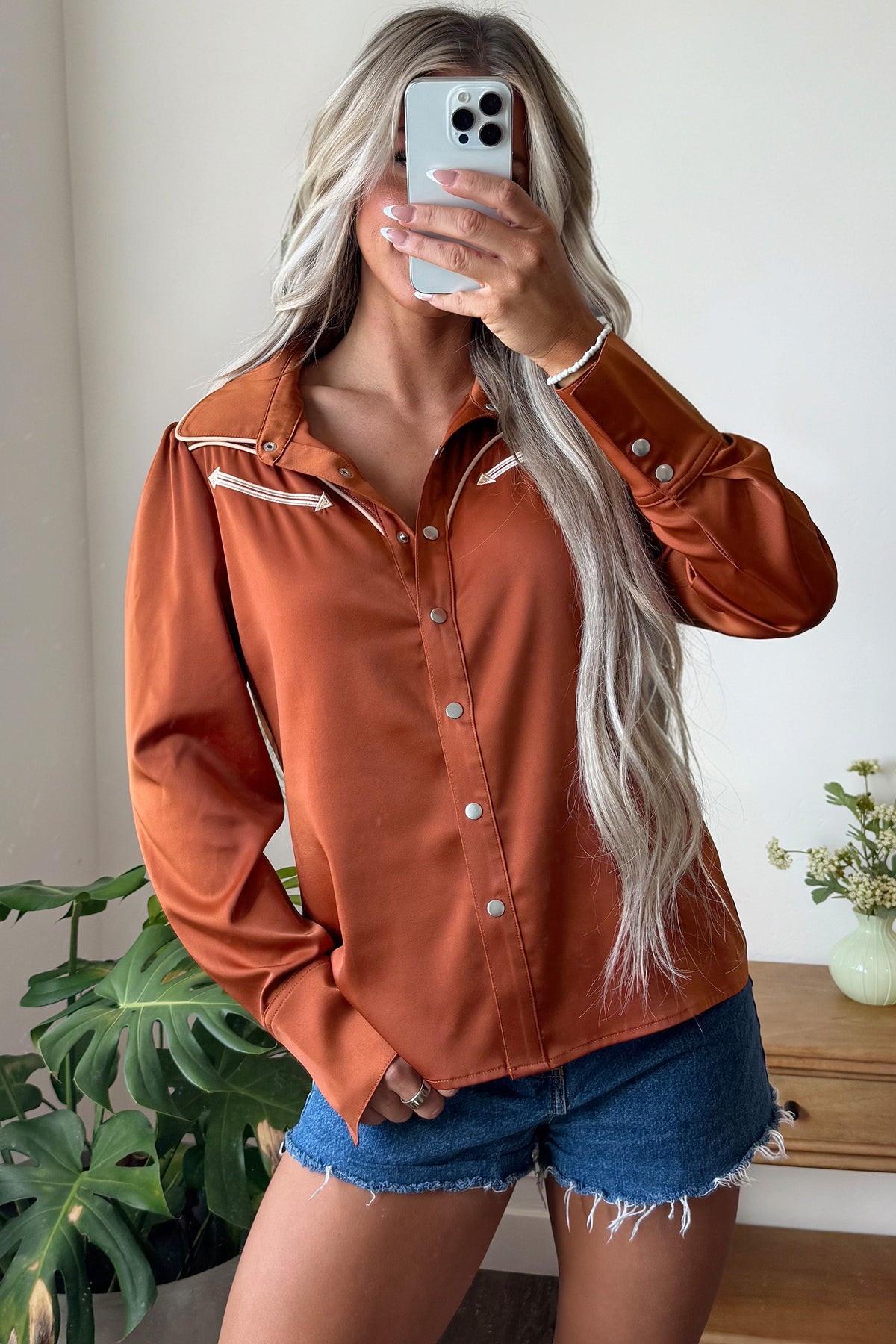 Cinnamon Silky Western Yoke Button-Front Shirt