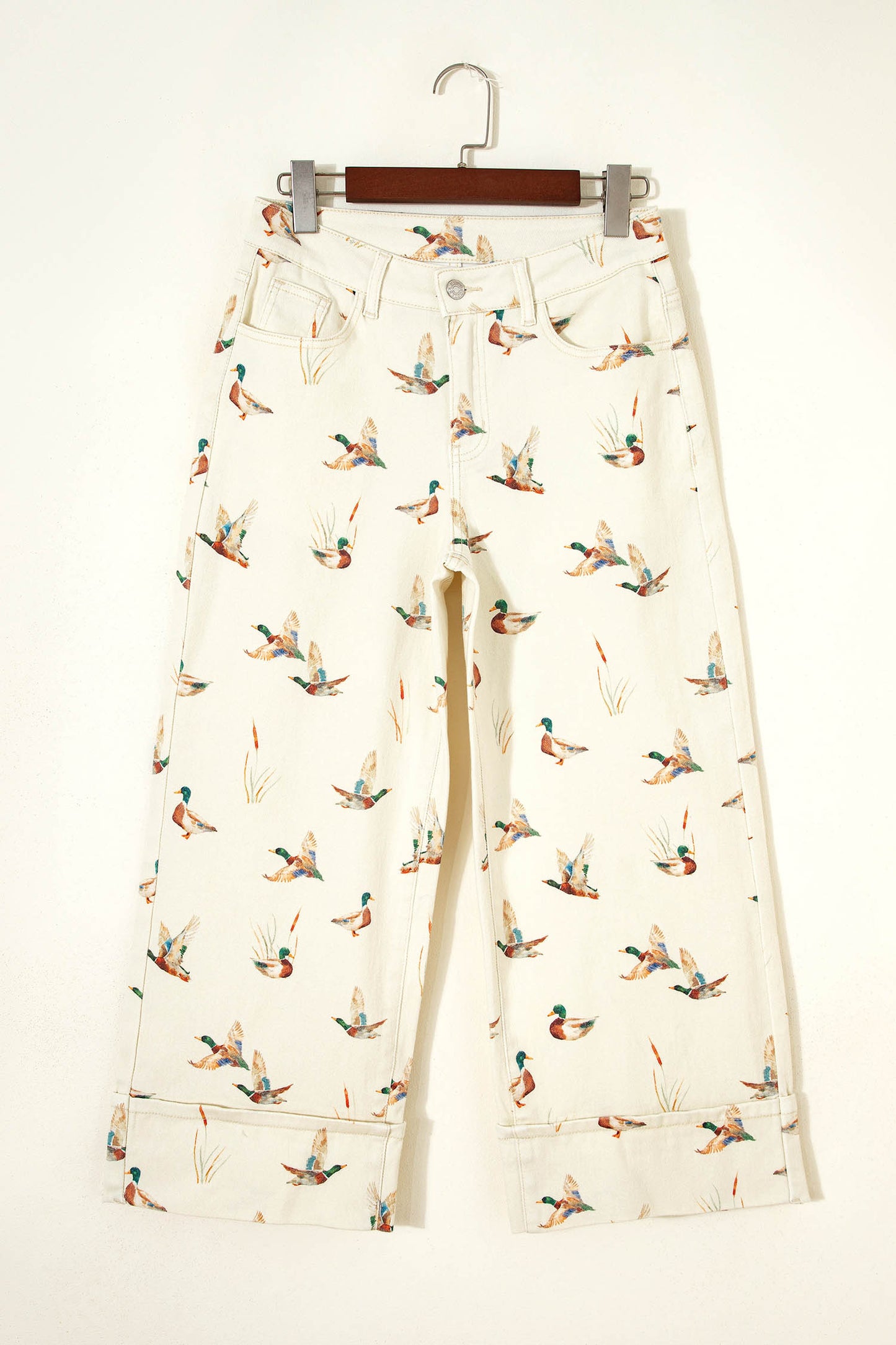 Beige Mallard Printed Cuffed Hem Jeans