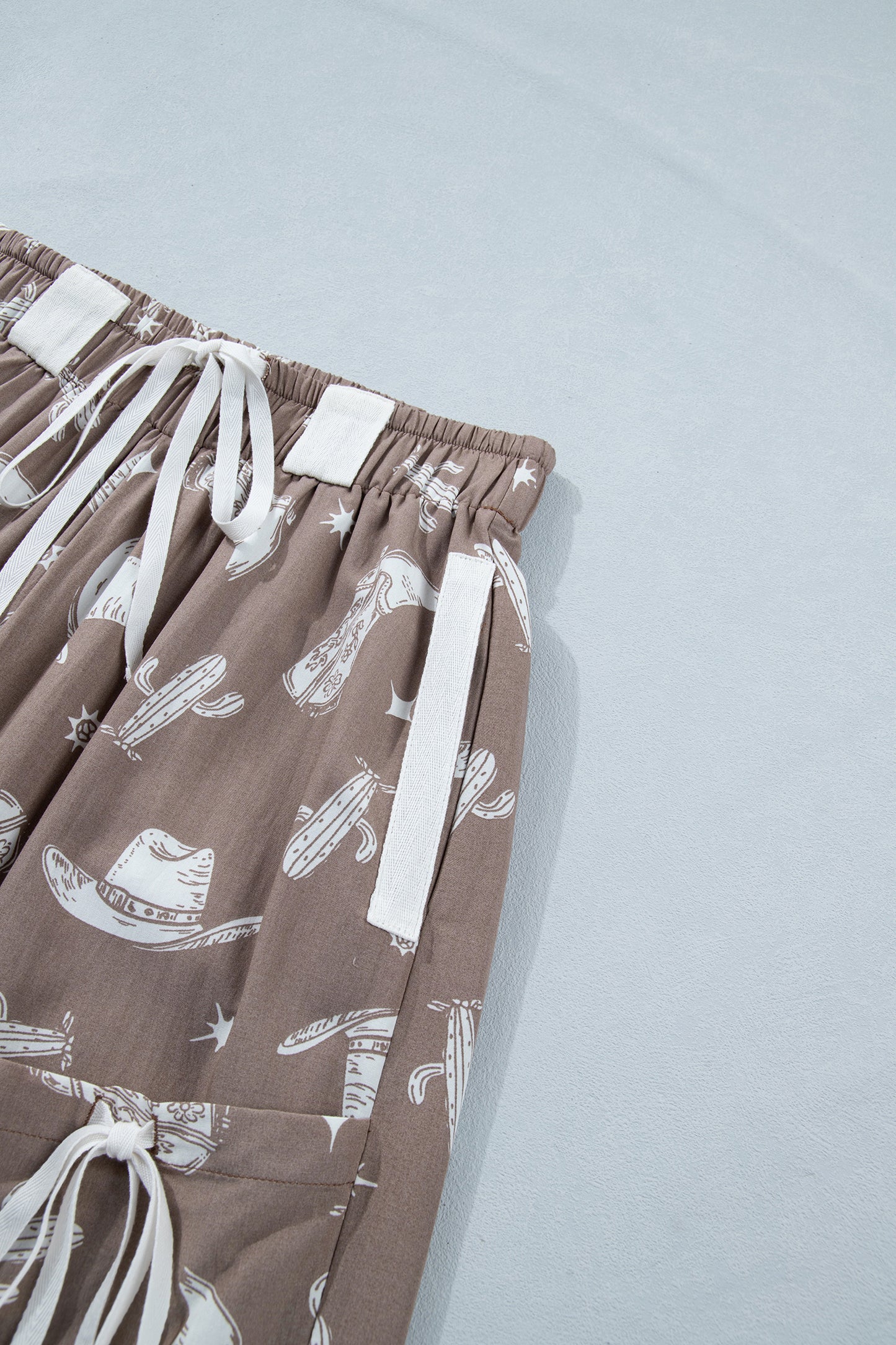 Khaki Western Print Drawstring Jogger Pants