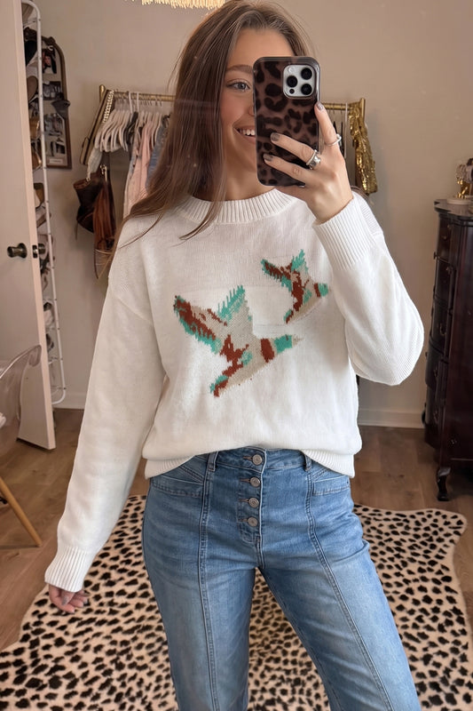 White Western Duck Print Drop Shoulder Sweater