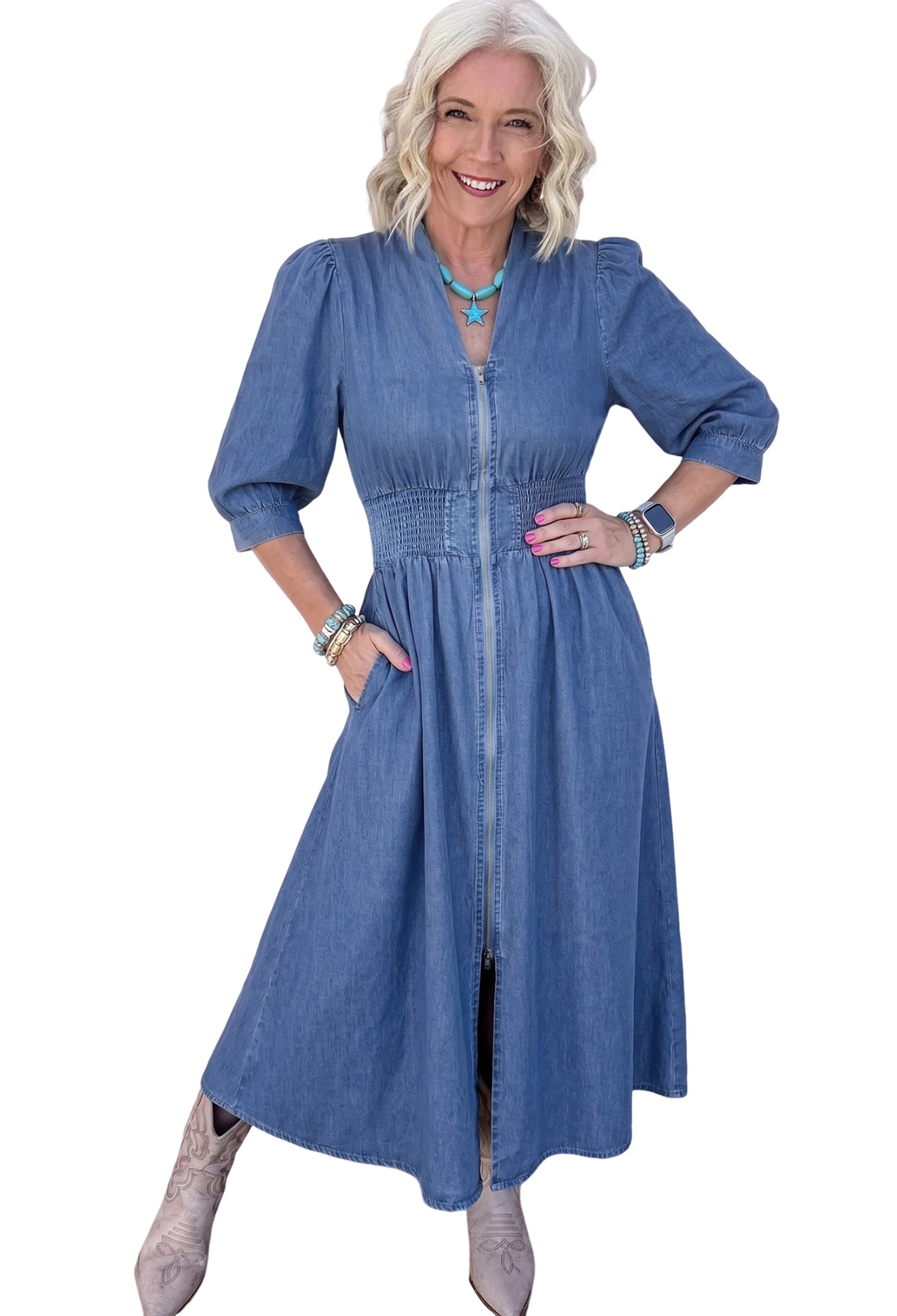 Blue V Neck Shirred Waist Metal Zipper Denim Midi Dress
