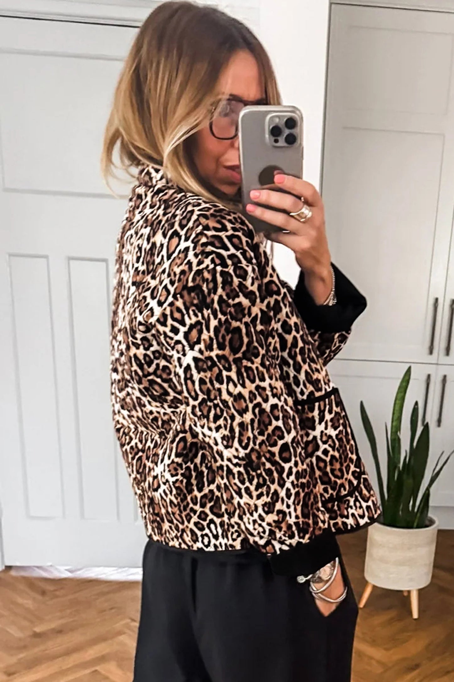 Brown Leopard Print Quilted Button Front Patch Pockets Jacket
