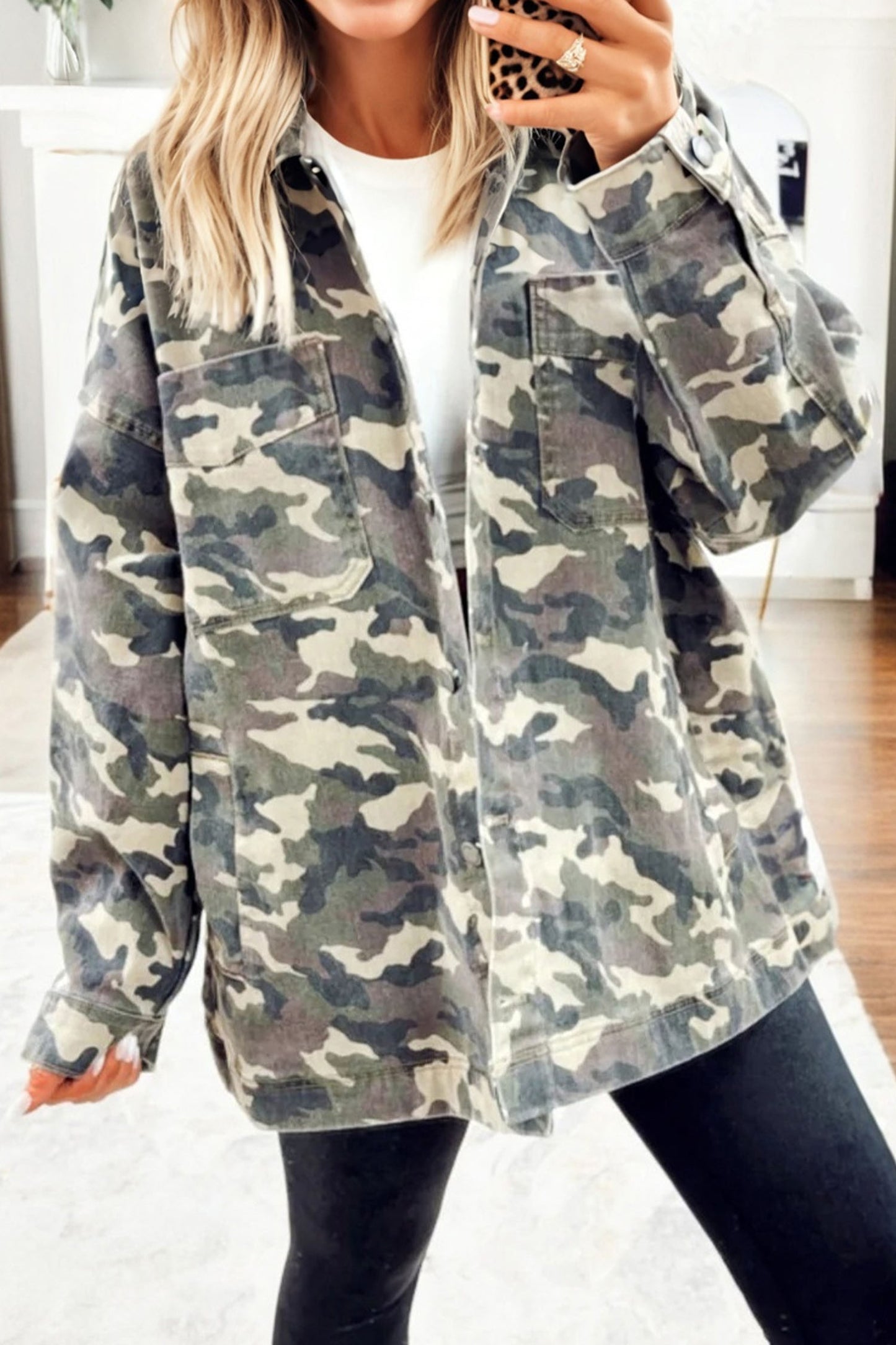 Women’s Green Camo Loose Fit Jean Jacket with Chest Pockets
