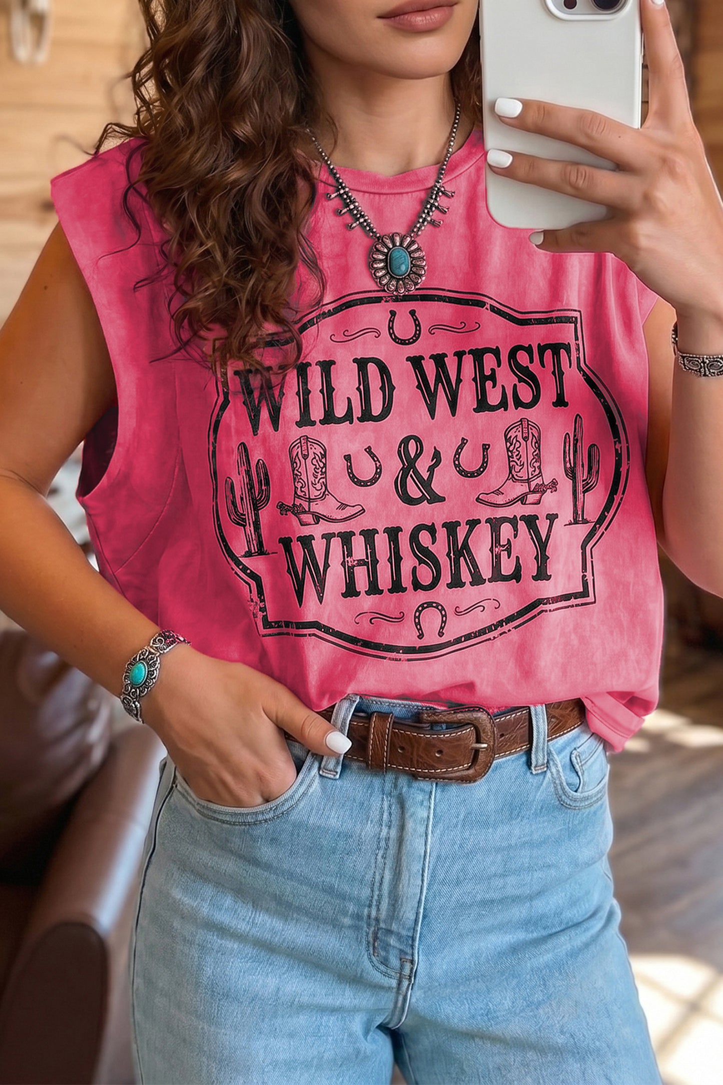 Bonbon Toner Washed Wild West Whiskey Print Sleeveless Muscle Top