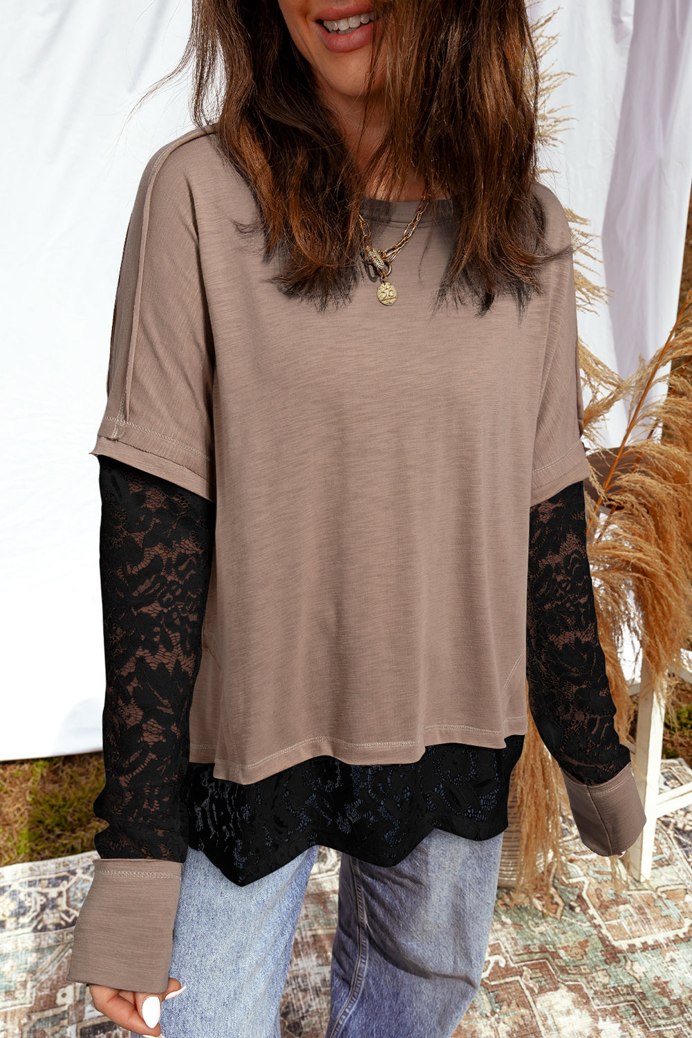 Sheer Lace Patchwork Long Sleeve Tee in Dark and Light Brown