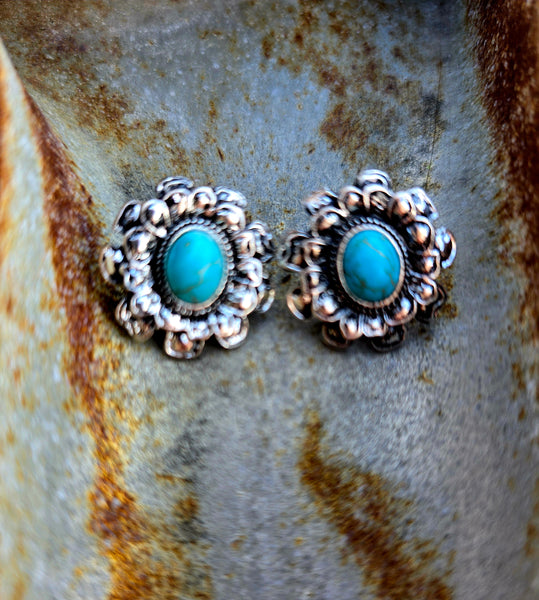 TURQUOISE FLOWER SILVERTONE EARRINGS