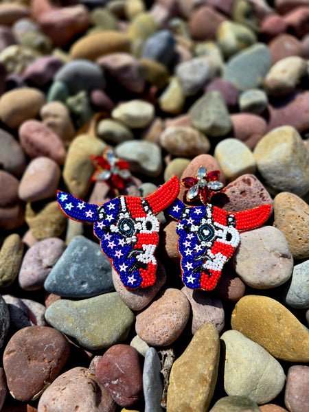 AMERICAN FLAG STEER SEED BEAD EARRINGS