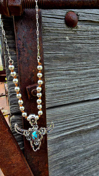 TURQUOISE ROSBURG STEER SILVERTONE BEAD NECKLACE