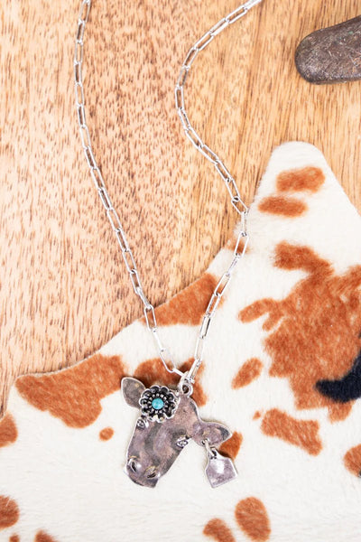 TIPI Flower Field Turquoise Silvertone Cow Necklace