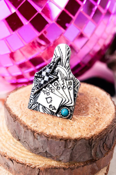 TIPI All In Royal Flush Cattle Tag Silvertone Cuff Ring